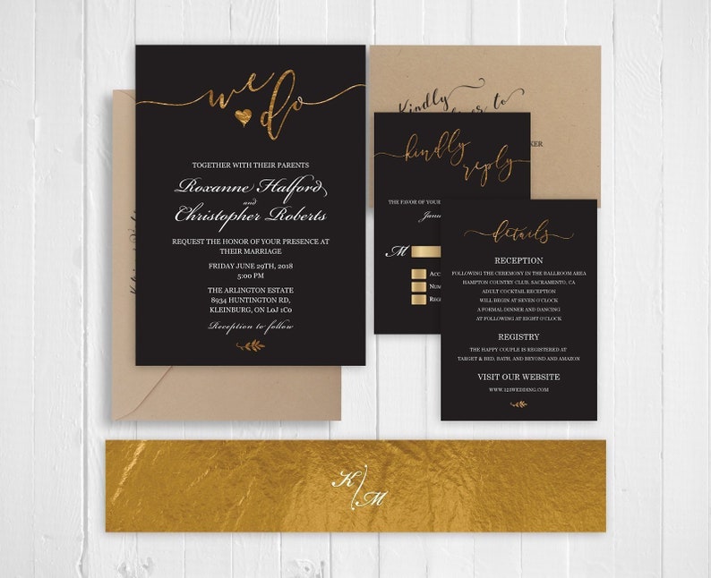 elegant black gold wedding invitation set gold calligraphy printed wedding invite rsvp details thank you sc480 120lb premium card stock black and gold wedding invitations