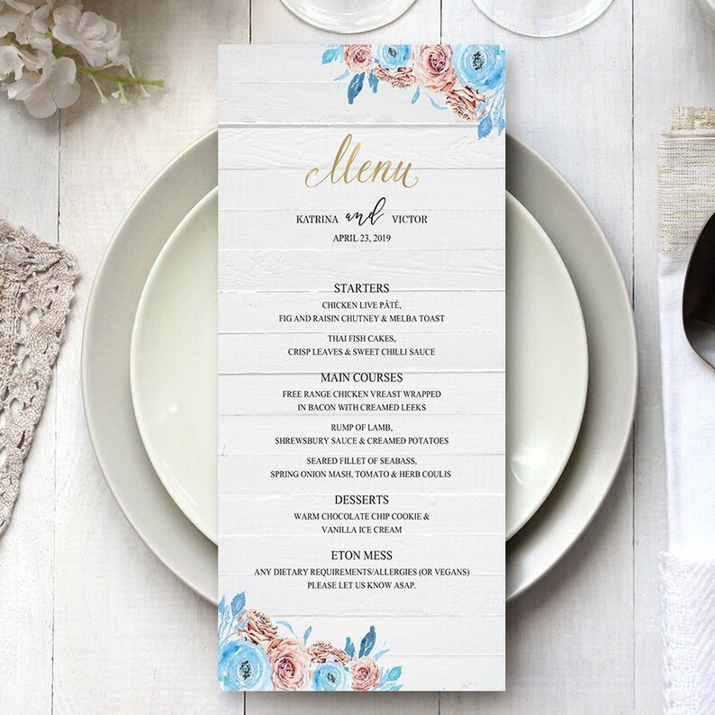 Rustic Blue Peach Gold Menu Cards Party Table Menu Card Affordable Reception Menu Cards MC527 120LB premium card stock Menu Card PRINTED
