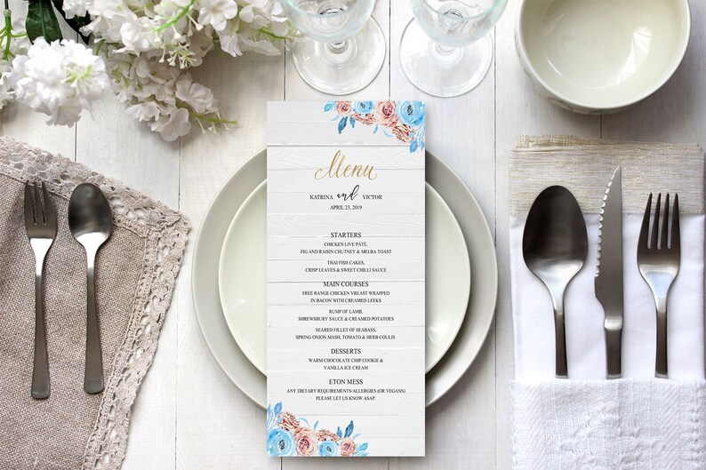 Rustic Blue Peach Gold Menu Cards Party Table Menu Card Affordable Reception Menu Cards MC527 120LB premium card stock Menu Card PRINTED