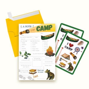 May include: A yellow envelope and a notepad with a camping theme. The notepad has a flashlight, canoe, campfire, and bear illustrations. Two green and white stickers with camping images are also included.
