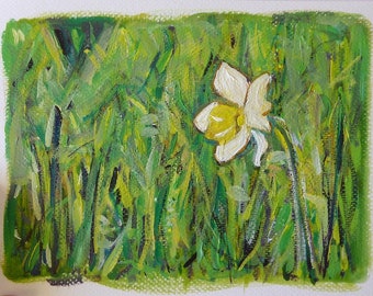 Daffodil painting on paper, original and unframed ~ yellow flower painting ~ spring art ~ green decor ~ unique gift