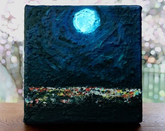 Original blue moon painting on mini canvas, city at night abstract ~ square canvas art ~ shelf decor ~ desk art