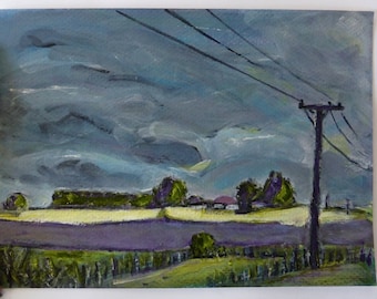 Original rural landscape painting on paper ~ unframed ~ grey clouds, yellow fields ~ farm landscape ~ New Zealand art ~ NZ artist