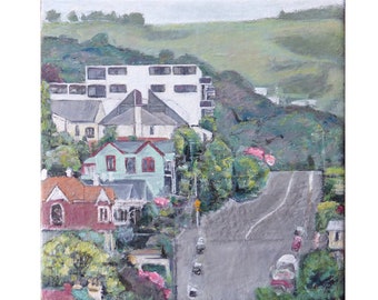 Houses on a hill, small original landscape painting on canvas ~ Dunedin New Zealand travel art ~ contemporary NZ art