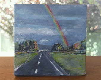 Original rainbow landscape painting on mini canvas ~ NZ travel art ~ rainbow painting