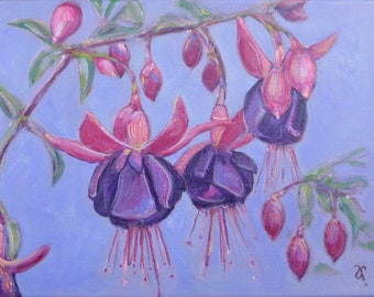Fuchsia flower painting, original art on stretched canvas ~ pink and purple wall art ~ fine art ~ cottage decor