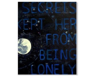 Full moon and stars painting on canvas, 'Secrets kept her from being lonely' ~ OOAK night sky ~ wall art ready to hang ~ word art