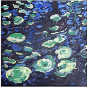 Impressionist nature painting of lily pads and water reflections, original painting on canvas contemporary art blue green decor image 1