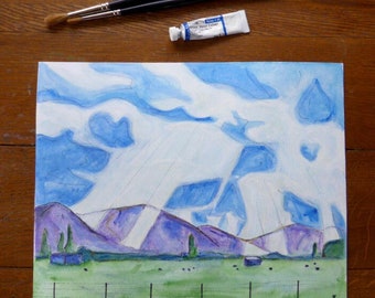 Original watercolour 'Let Your Light Shine Down' ~ NZ farm landscape painting ~ blue sky and clouds ~ unique gift ~ unframed