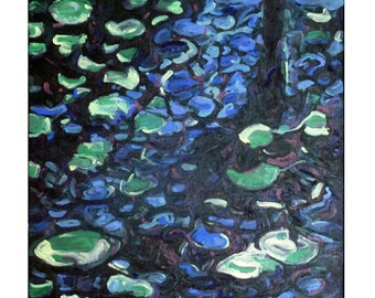 Reflections on a lily pond painting on canvas ~ original landscape painting ~ blue green wall art