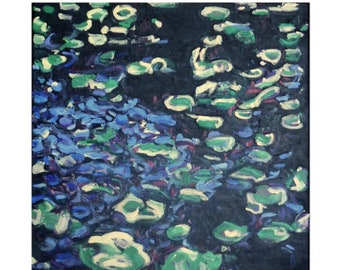 Impressionist lily pad nature art on canvas ~ original painting ~ semi abstract blue reflections ~ contemporary wall art ~