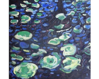 Impressionist nature painting of lily pads and water reflections, original painting on canvas ~ contemporary art ~ blue green decor