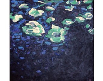 Original semi-abstract lilypad painting ~ reflections in nature ~ canvas wall art ~ blue green landscape  ~ NZ artist