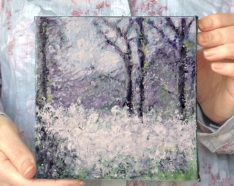 Snowflakes in spring painting 6 x 6 inch canvas ~ small abstract flower painting ~ original nature landscape