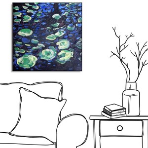 Impressionist nature painting of lily pads and water reflections, original painting on canvas contemporary art blue green decor image 2