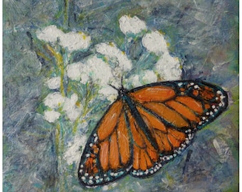 Monarch butterfly painting ~ square canvas art ~ small original artwork ~ floral decor ~ gift for nature lover ~ 8x8 square wall art