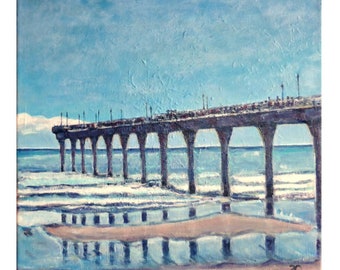 Original painting of New Brighton Pier, Christchurch ~ blue decor ~ seascape ~ NZ wall art ready to hang