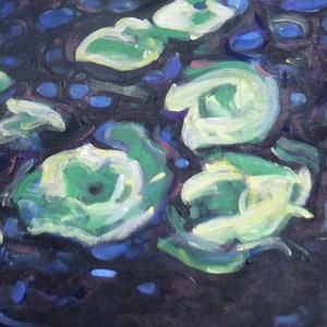 Impressionist nature painting of lily pads and water reflections, original painting on canvas contemporary art blue green decor image 4