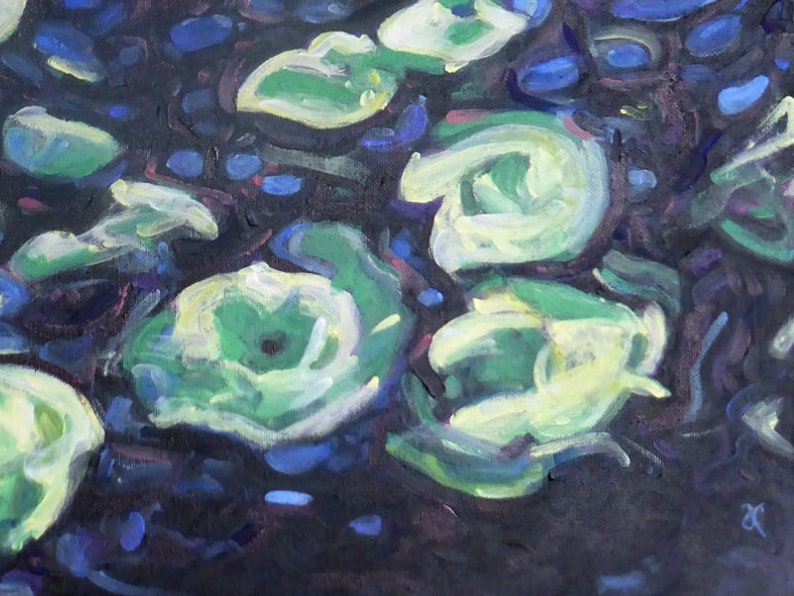 Impressionist nature painting of lily pads and water reflections, original painting on canvas contemporary art blue green decor image 4