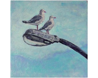 Small original seagull painting on canvas, gift for bird lover ~ urban seagulls ~ blue wall art ready to hang