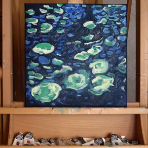 Impressionist nature painting of lily pads and water reflections, original painting on canvas contemporary art blue green decor image 5