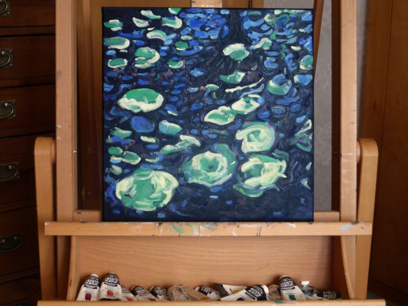 Impressionist nature painting of lily pads and water reflections, original painting on canvas contemporary art blue green decor image 5