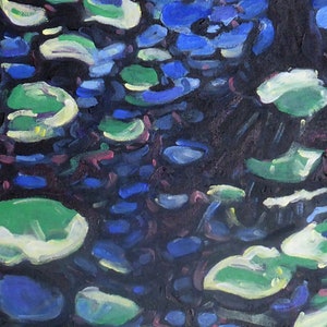 Impressionist nature painting of lily pads and water reflections, original painting on canvas contemporary art blue green decor image 3