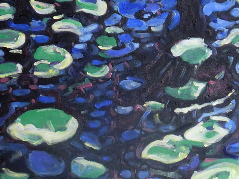 Impressionist nature painting of lily pads and water reflections, original painting on canvas contemporary art blue green decor image 3