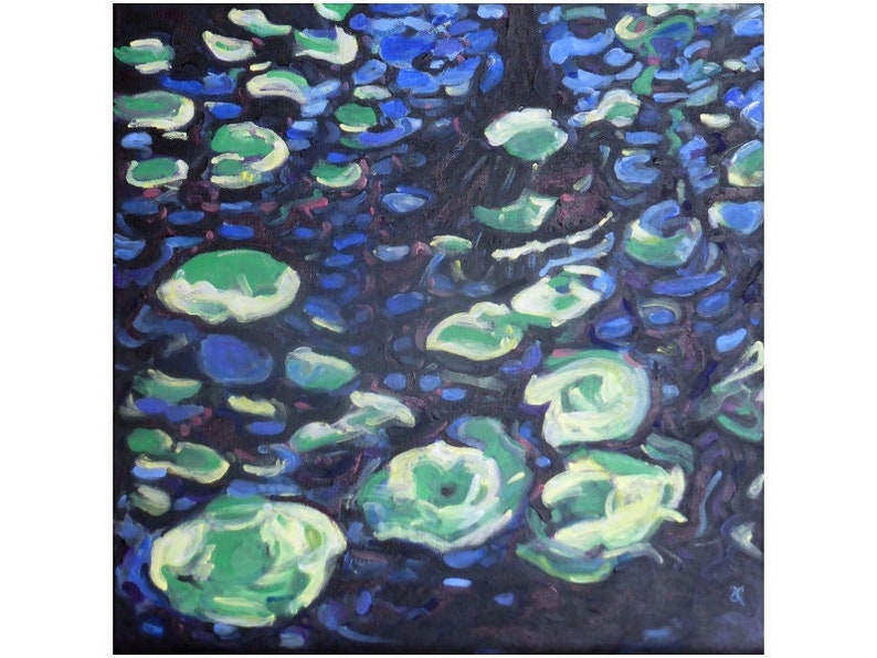 Impressionist nature painting of lily pads and water reflections, original painting on canvas contemporary art blue green decor image 1