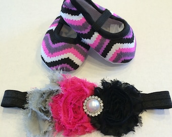 Baby Girl's Pink Black and Gray Chevron Crib Shoes And Matching Headband Set