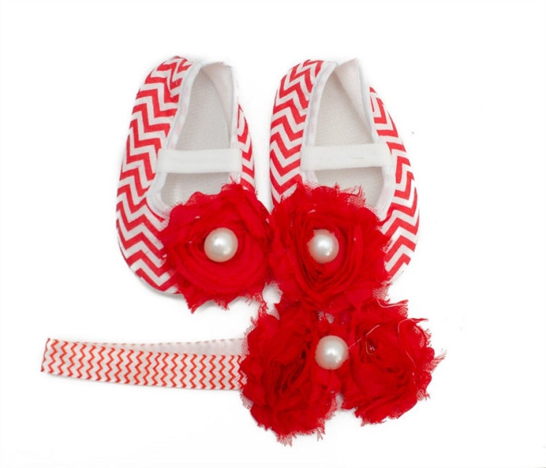 Baby Girl's Red Chevron Crib Shoes and Matching Headband Set, New Mom ...