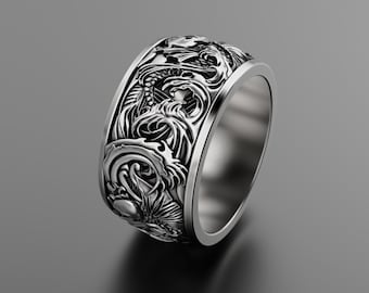 Karper en golven 925 zilveren trouwring, voor mannen of vrouw, Sterling Silver Nature Ring, Ocean Ring, Wedding Jewelry, Wave Ring, Fish Ring
