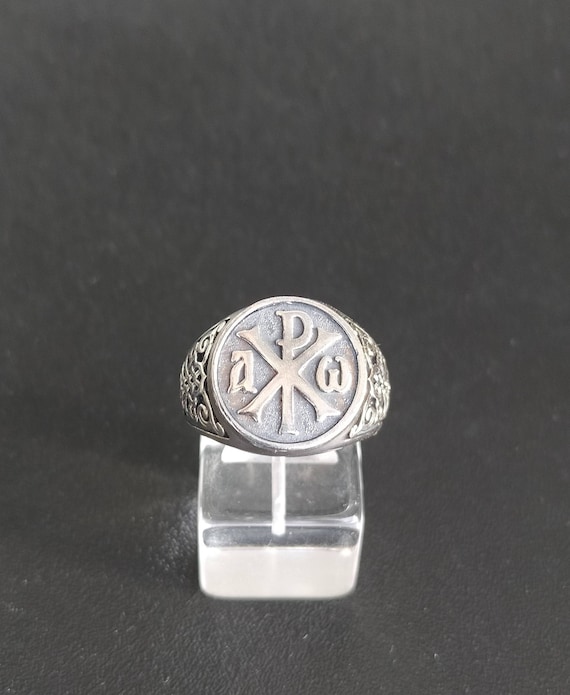 Alpha and Omega Chi rho Sterling Silver Ring Men Christian Ring