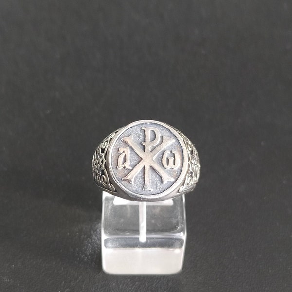 Alpha and Omega - Chi-rho Sterling Silver Ring Men Christian Ring Silver 925