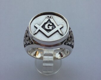 Handmade Masonic Men's Ring - 925 Sterling Silver & 14K Solid Gold Antique Finish - View #8