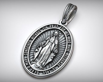 Pendentif Vierge Marie en argent 925 avec médaille miraculeuse catholique