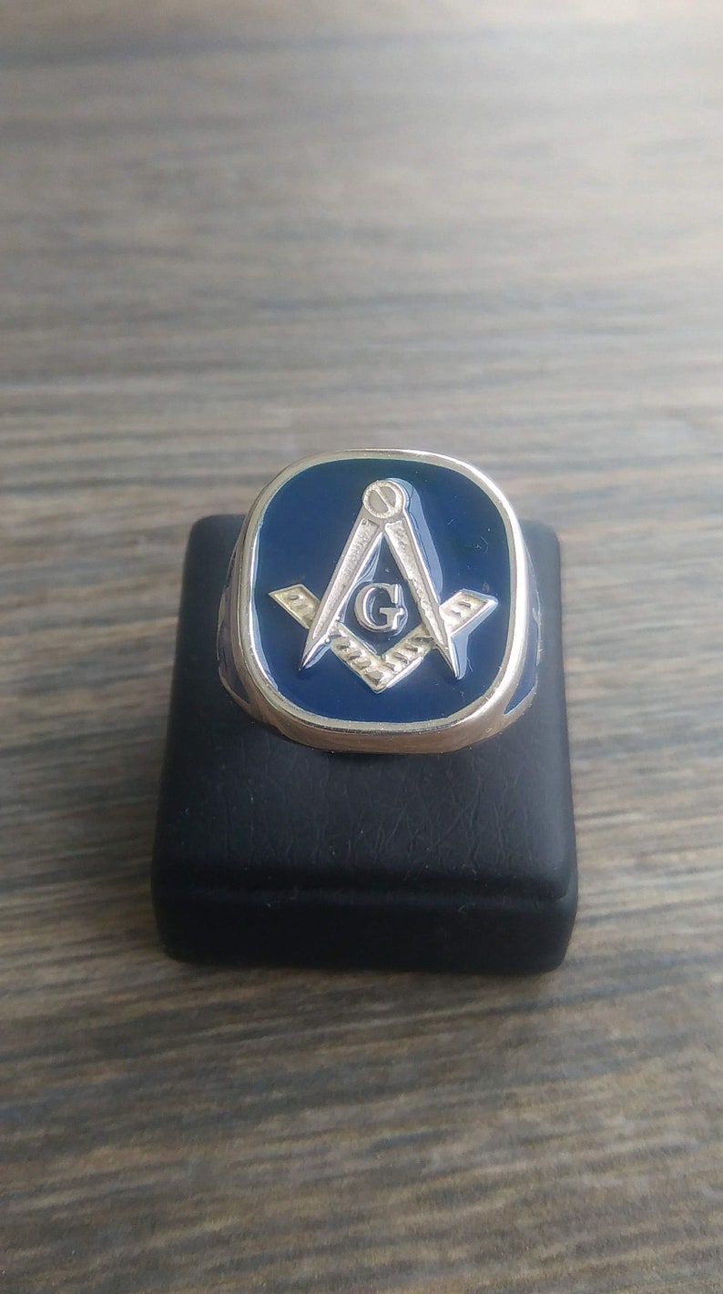 Mens Masonic Ring Handmade Freemasonry MASONIC SILVER 925 RING with blue enamel