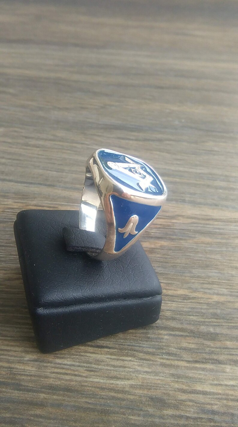 Mens Masonic Ring Handmade Freemasonry MASONIC SILVER 925 RING with blue enamel