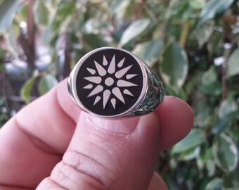 Varouxi Black Enamel Vergina Sun Silver Ring Men Star of Vergina Ring Silver 925