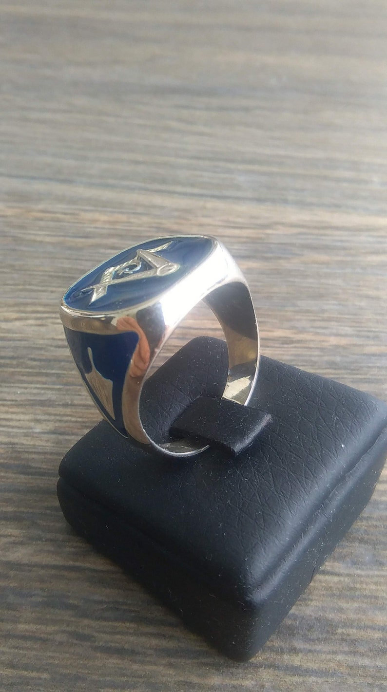 Mens Masonic Ring Handmade Freemasonry MASONIC SILVER 925 RING with blue enamel