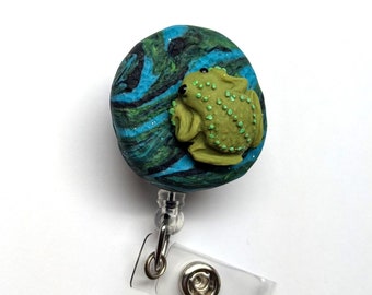Hand Painted Green Spotted Frog Badge Reel
