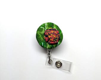 Hand Painted Red Spotted Frog Badge Reel