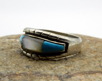 Vintage 1970's Ted Ott Sterling Silver Turquoise & Mother of Pearl Ring