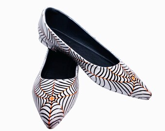 Halloween Flats / White Spider Web Flats / Spider Web Flats / Black & Orange Spider Web Flats / Hand Painted Shoes / Halloween Flats