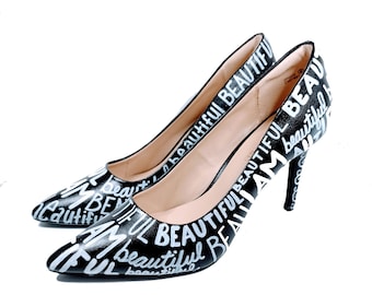 Hand Painted "I AM Beautiful" Heels / Black & White Pumps / Custom Made Heels / Words Heels / Hand Painted Heels / White Words Heels / Pumps