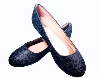 Glitter Flats / Black Glitter Flats / Wedding Shoes / Sparkle Flats / Sparkly Shoes / Wedding Flats / Women's Shoes / Black Flats