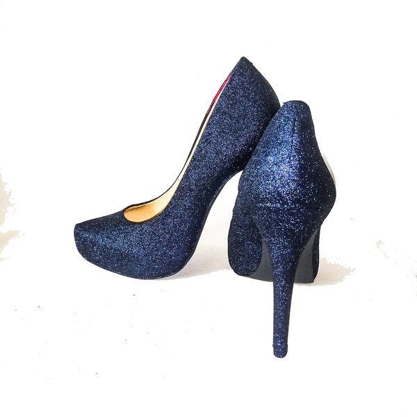 Chaussures à talons pailletées / Chaussures à talons pailletées bleu marine / Chaussures de mariage / Talons scintillants / Chaussures scintillantes / Talons à talons pour mariage / Escarpins pour femmes / Chaussures pour femmes