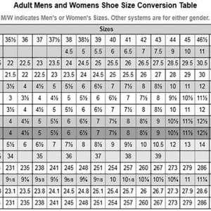 Puede incluir: Un gr&aacute;fico en blanco y negro que muestra las conversiones de tallas de zapatos para hombres y mujeres. El gr&aacute;fico incluye tallas para Europa, M&eacute;xico, Jap&oacute;n, Reino Unido, Australia y Estados Unidos y Canad&aacute;. El gr&aacute;fico tambi&eacute;n incluye medidas en pulgadas, cent&iacute;metros y mondopoint.