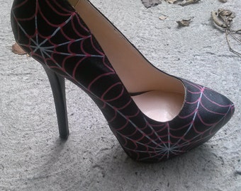 Hand Painted Spider Web Heels: Gothic Halloween Shoes
