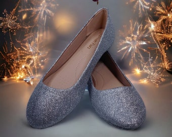 Glitter Flats / Silver Glitter Flats / Wedding Shoes / Sparkle Flats / Sparkly Shoes / Wedding Flats / Women's Shoes / Silver Flats